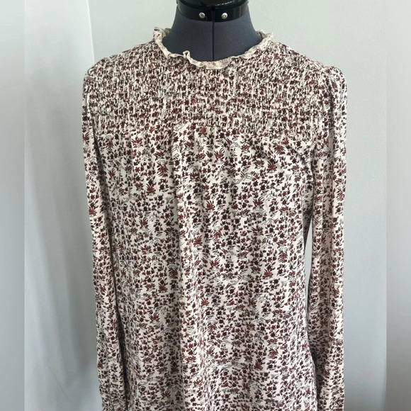 Lucky Brand Sz M Modest High Neck Smocked Frint Fall leaves long sleeve blouse - Picture 9 of 15